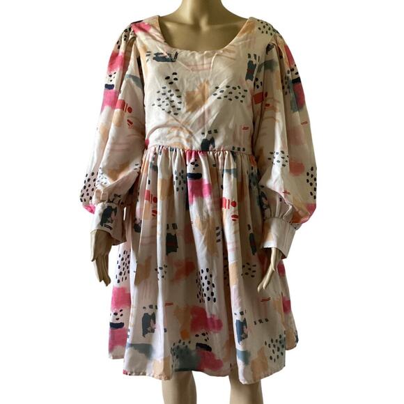 Jessakae Dress Pink Patterned Above Knee Puff Sleeve Serene Adobe sz L - Picture 1 of 5